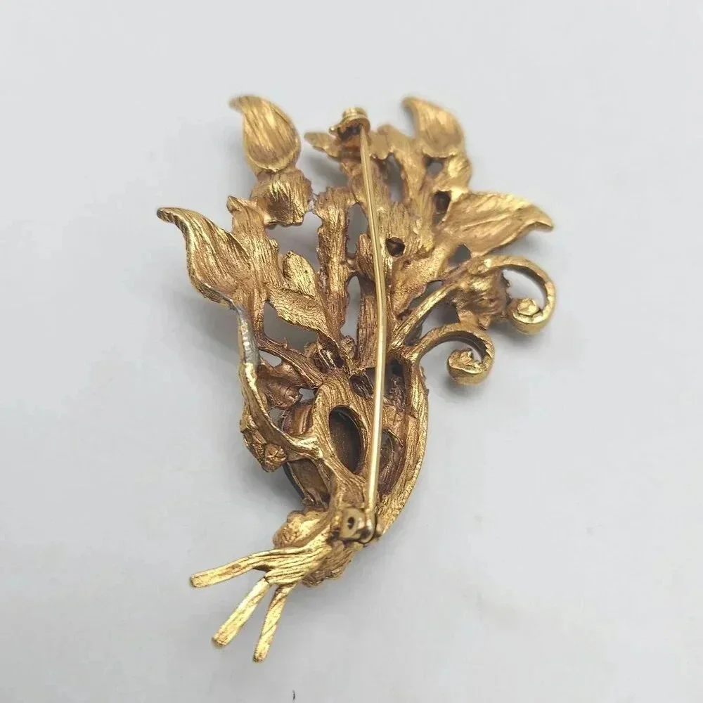 Vintage Gold Tone Floral Brooch With Multicolor Rhinestones Heavy 1960s
